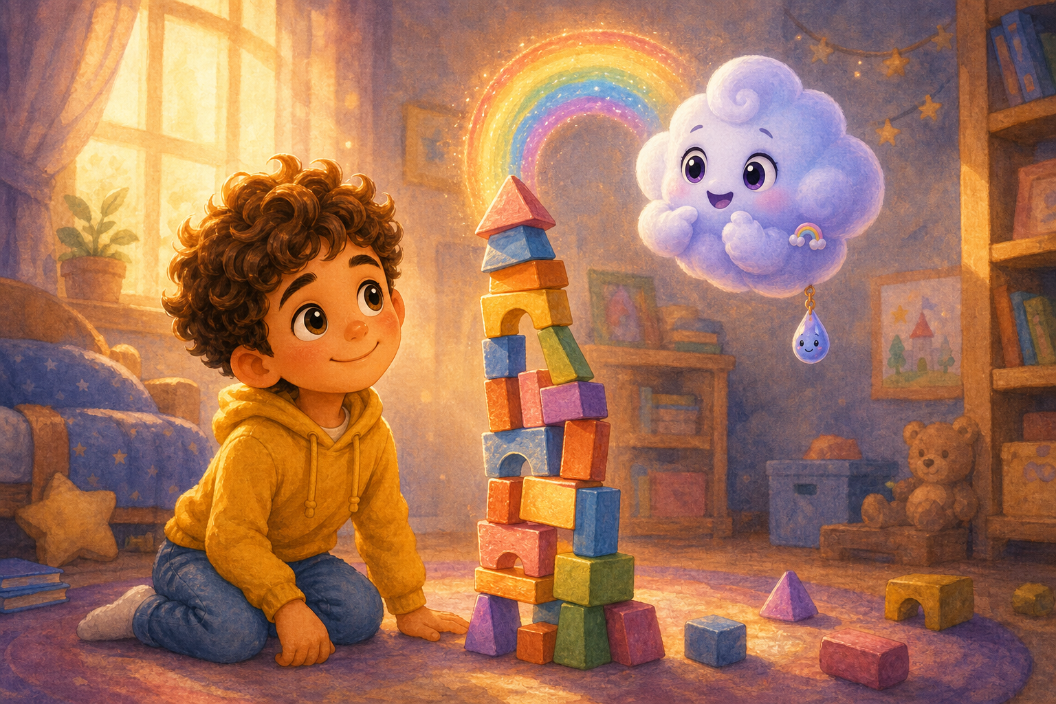 Character 1 and Character 2 look at their wobbly but proud tower, with Character 2 floating above, a clear rainbow shimmering. The room is bathed in gentle sunshine, casting a warm glow over them.