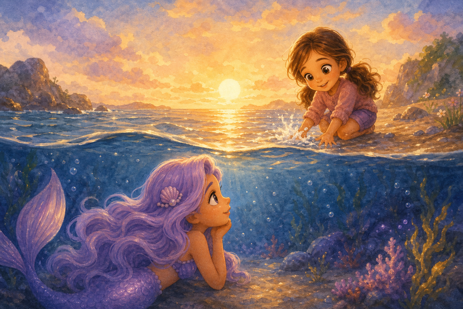 Character 1 watches from beneath the gentle waves as Character 2 plays near the water's edge, the sun glimmering upon the sea, creating a peaceful and curious moment.
