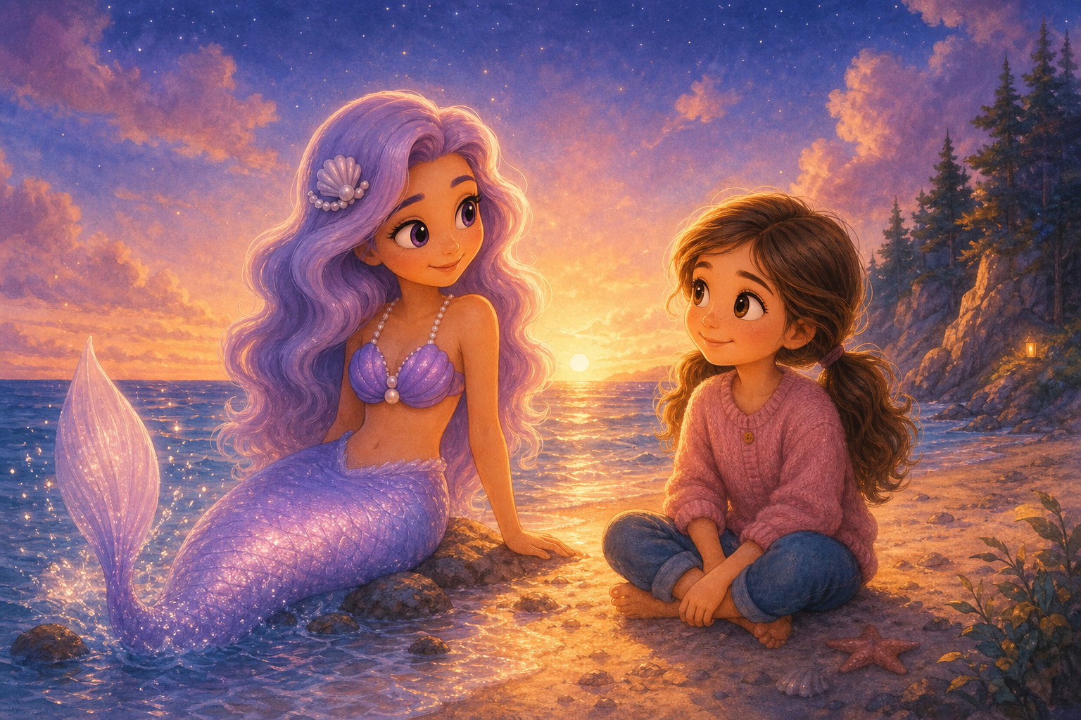 Character 1 and Character 2 are at the edge of the shore, with Character 1's tail shimmering in the sunlight and Character 2 sitting on the sand, both feeling warmth and relief as they share a gratefu
