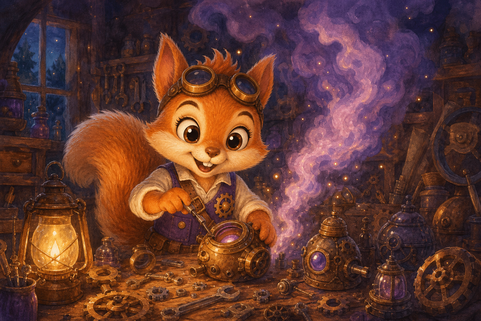 Character 1 stands in his cozy workshop, surrounded by scattered parts and gears. A cloud of purple smoke and glowing sparks fill the air, illuminated by the warm glow of a lantern.