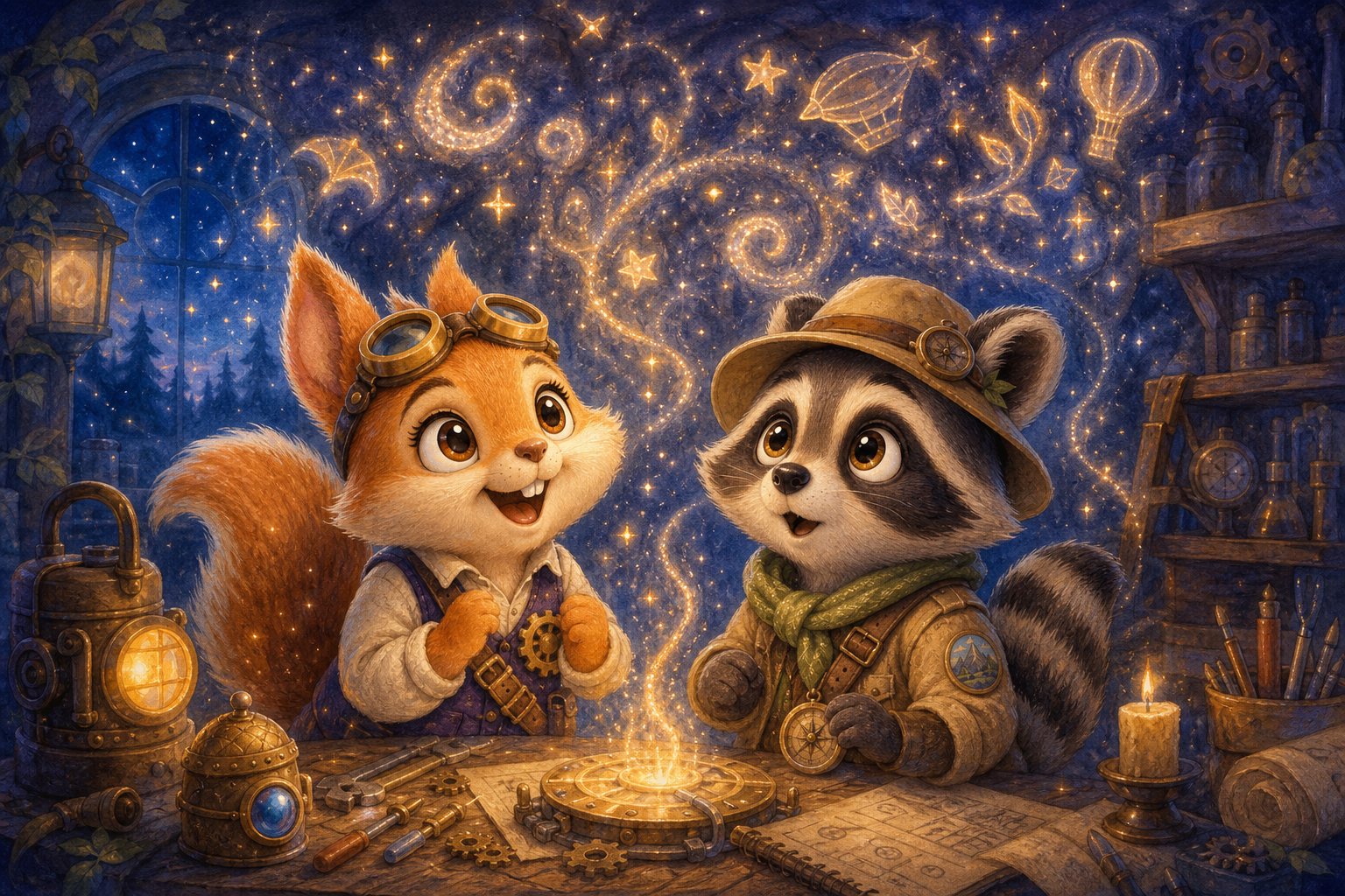 Character 1 and Character 2 gaze in awe as soft, shimmering light fills the workshop. Tiny sparks swirl and dance, forming beautiful patterns in the air, creating a starlit wonderland around them.