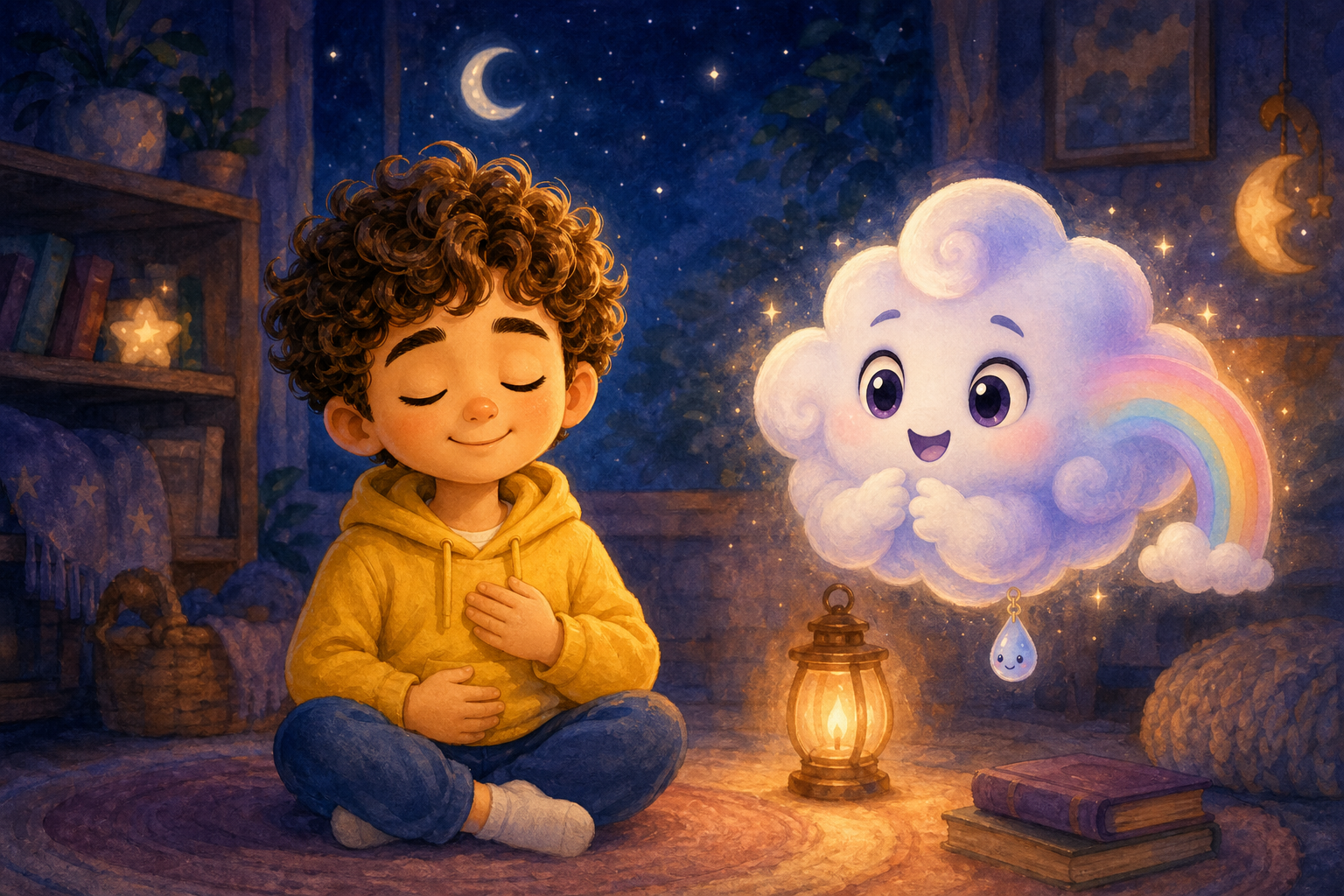 Character 1 is sitting quietly on the floor with eyes closed, taking a deep breath to calm down. Character 2 hovers nearby, its color lightening as a tiny rainbow begins to appear, illuminated by the