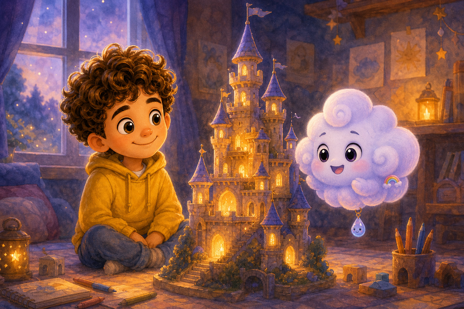 Character 1 and Character 2 sit side by side, admiring the newly built tower. Character 2, now bright and cheerful, floats next to Character 1, as the soft evening light fills the room, creating a ser