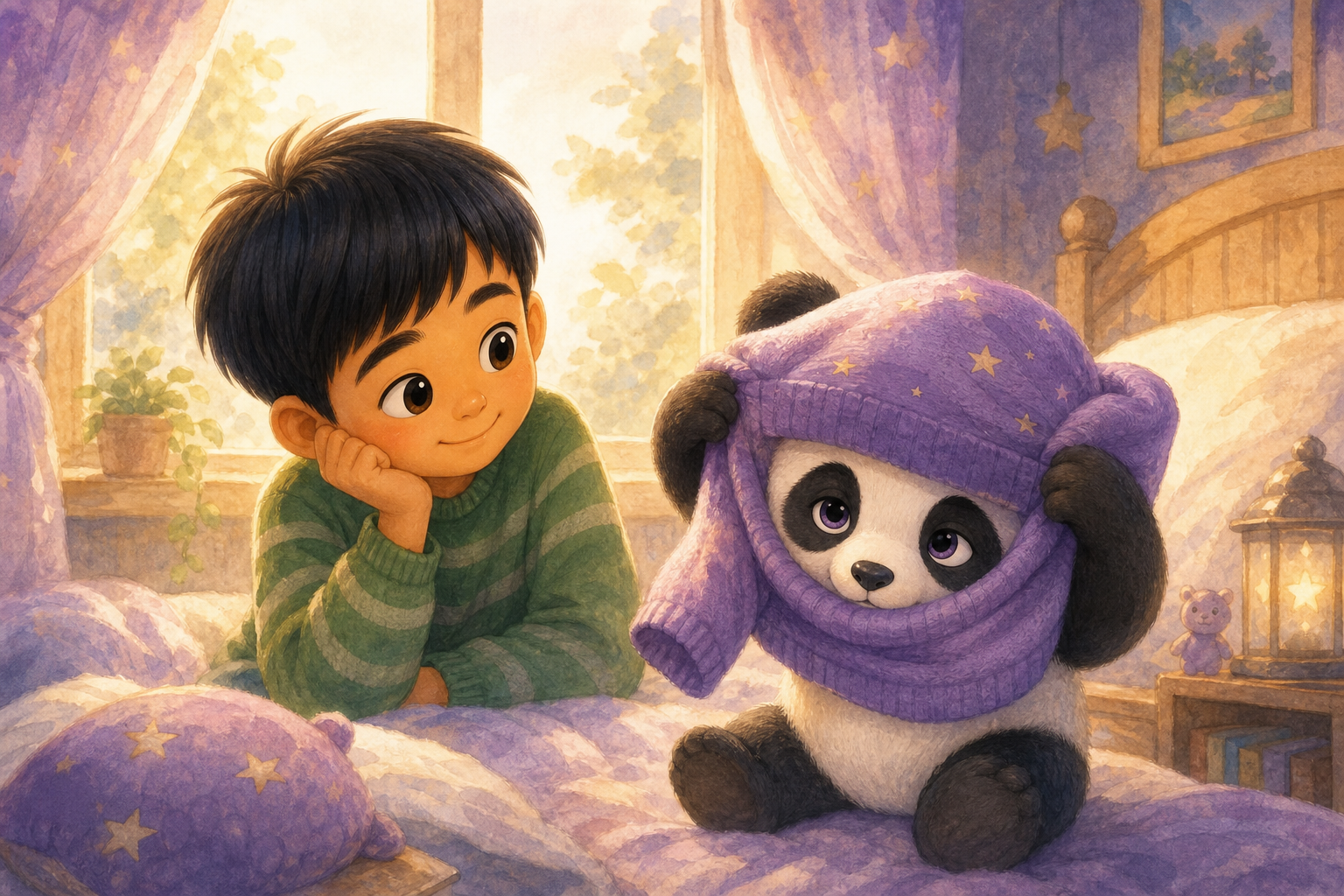 Character 1 watches as Character 2 slowly and thoughtfully pulls a sweater over her head, her face peeking out like a curious turtle. The room is filled with soft morning light, creating a serene atmo