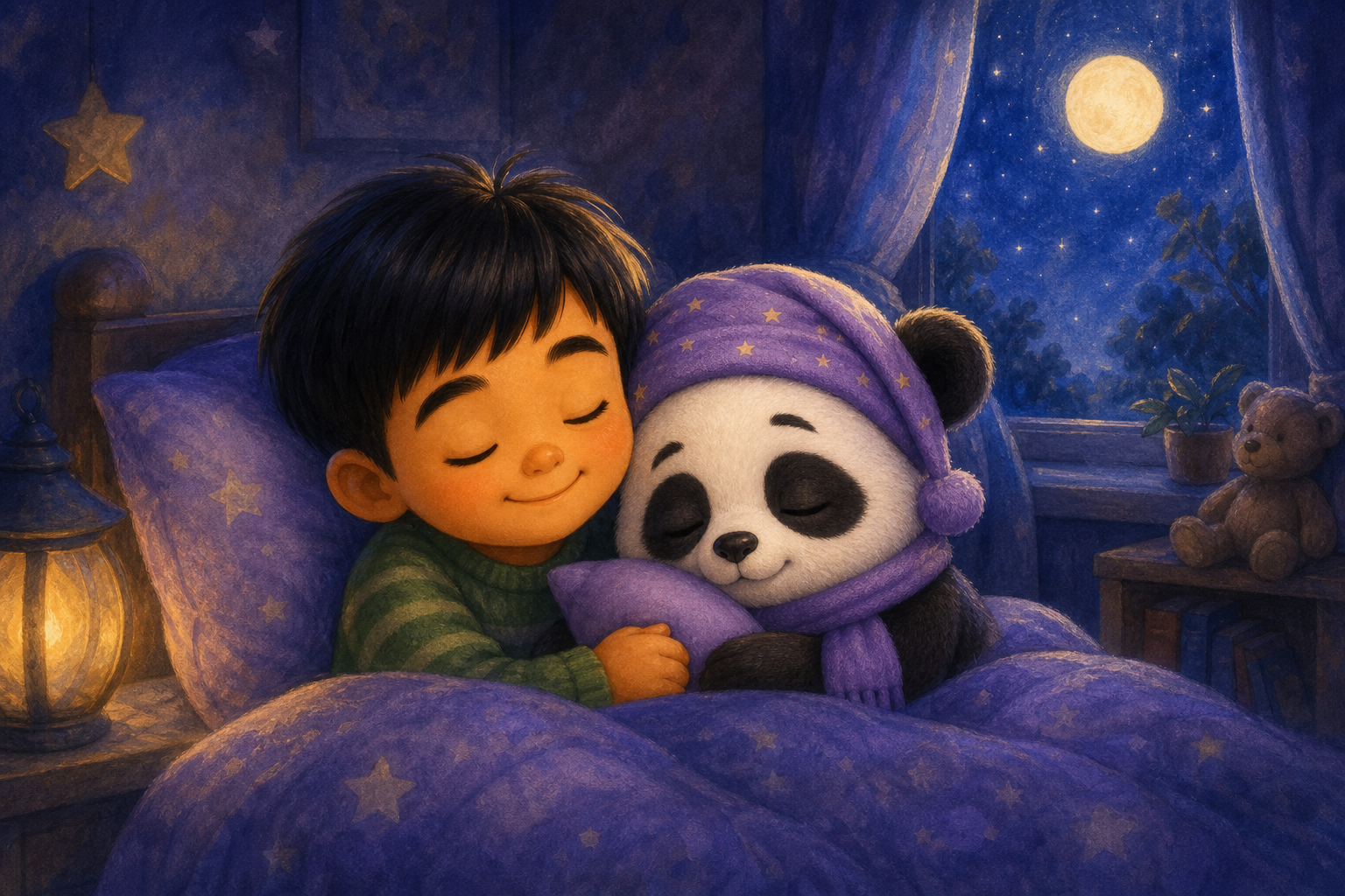 Character 1 and Character 2 are nestled together, enveloped in peaceful silence. The room is dimly lit, as if wrapped in a soft blanket, with gentle moonlight streaming through the window, highlightin