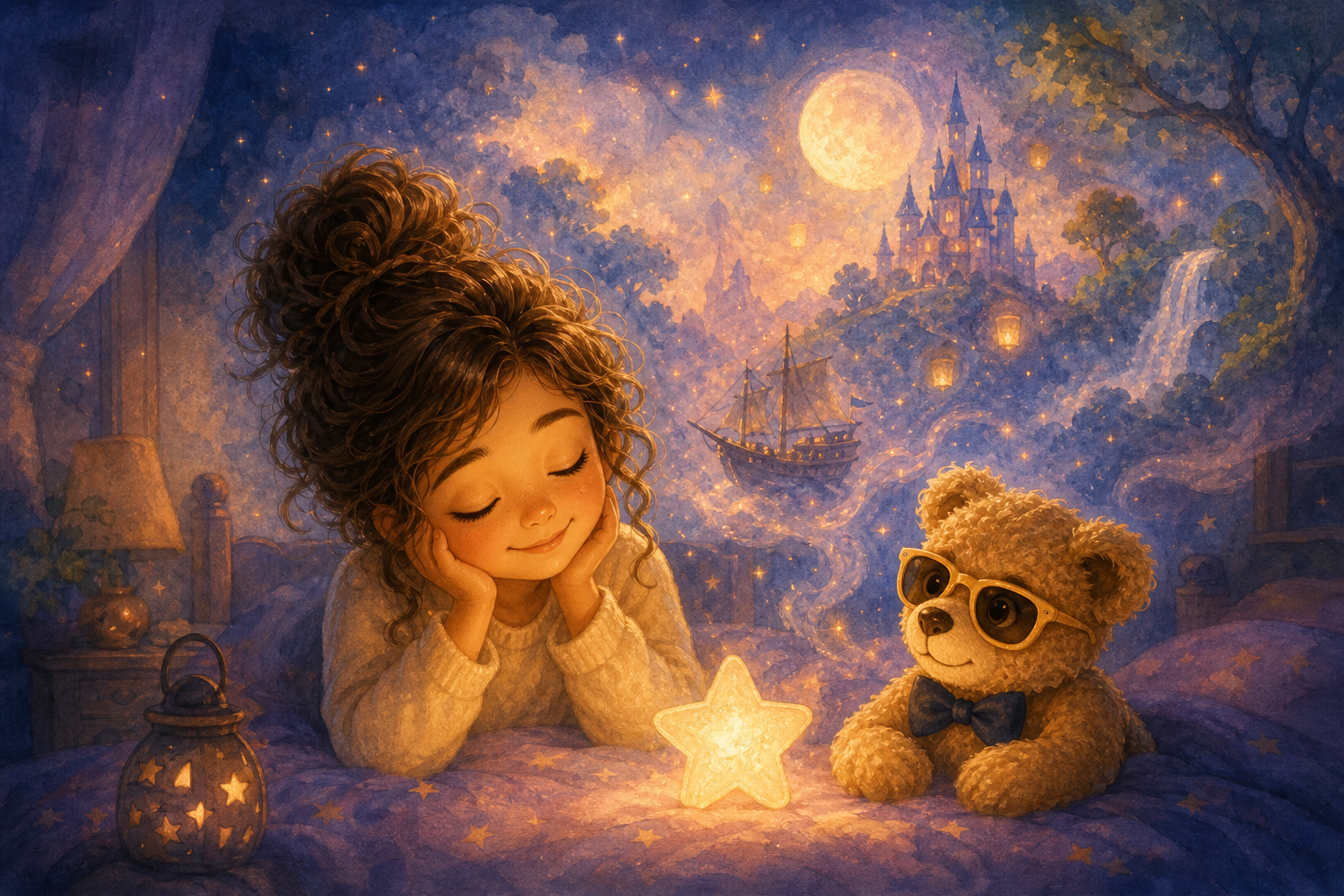 Character 1 closes her eyes, imagining a magical world, as the room fills with an atmosphere of anticipation and mystery, with the gentle glow of a nightlight.