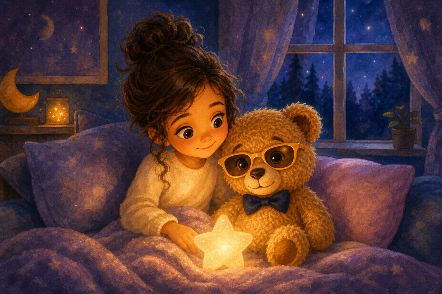 Character 1 and Character 2 sit together, the blanket now just a blanket and the pillows in their usual places, with the warm glow of the nightlight reminding them of their magical journey.