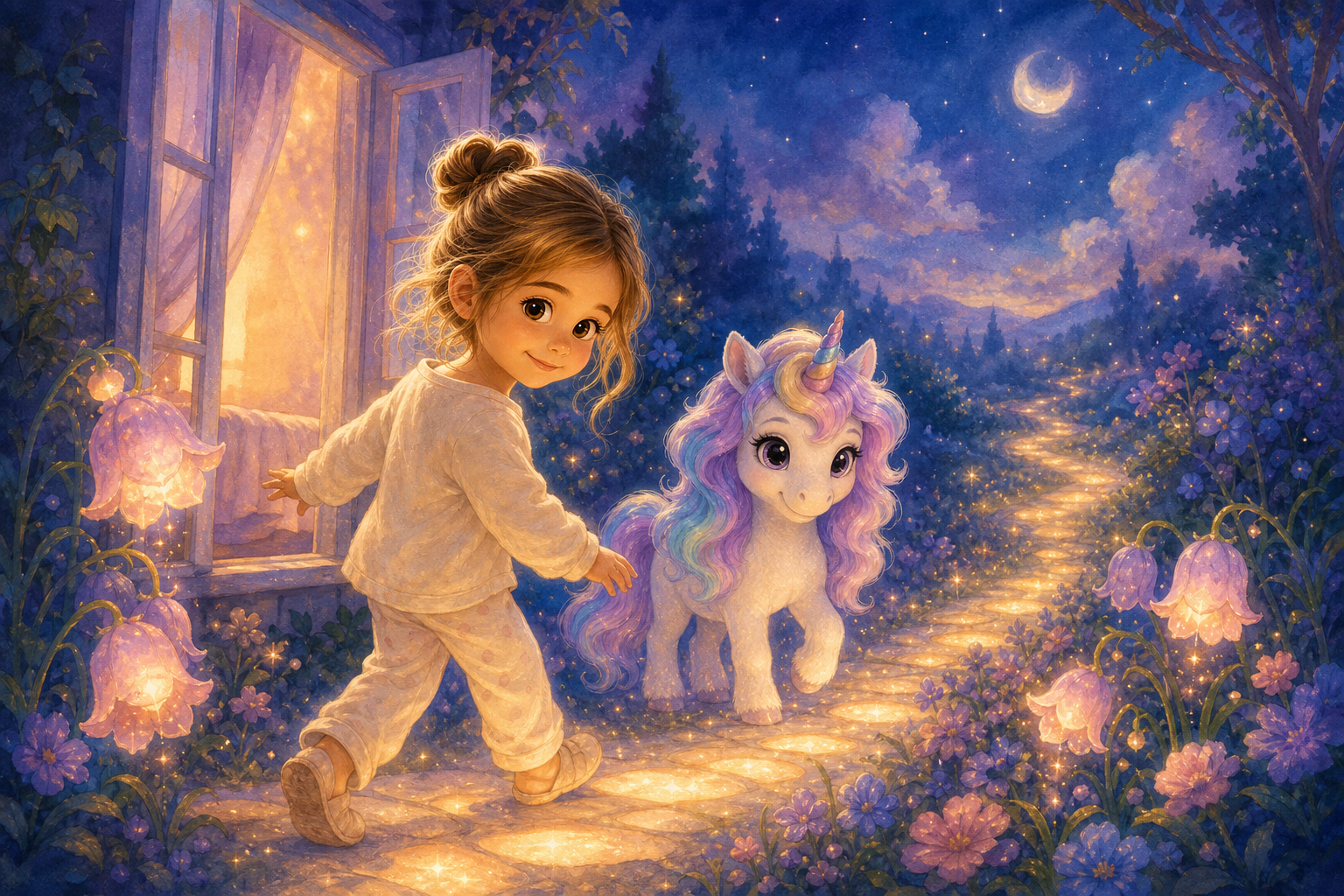 Character 1 steps onto a glowing path outside her window, surrounded by softly chiming flowers that welcome her. The scene is serene, with a gentle glow from the path illuminating the evening.