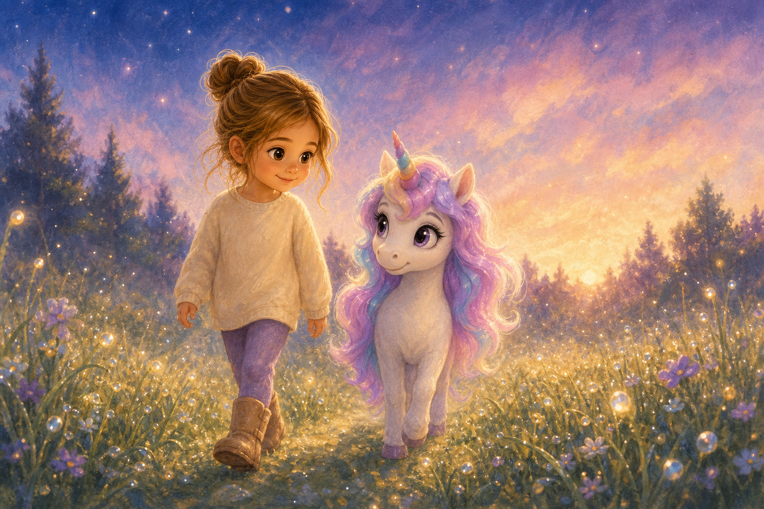 Character 1 and Character 2 walk side by side through a meadow, where sunlight transforms dew drops on the grass into sparkling jewels. The atmosphere is peaceful, as Character 2 shares gentle reminde