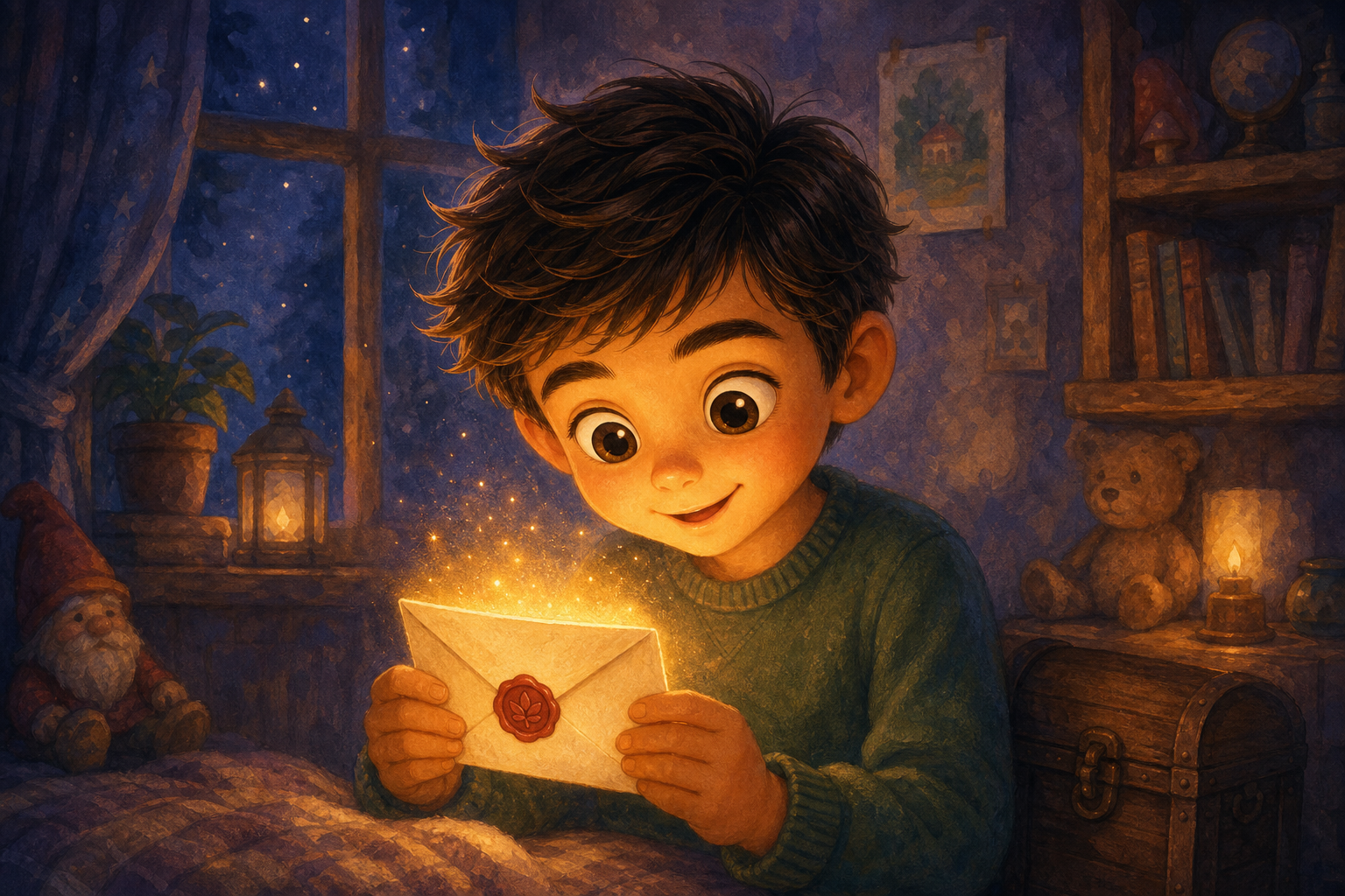 Character 1 is inside, holding the glowing letter in his hands. The room is dimly lit by the soft, warm light emanating from the letter, creating an atmosphere of wonder and curiosity.