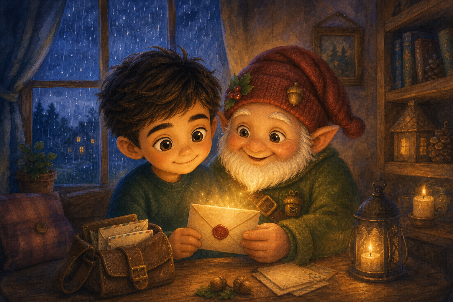 Character 1 and Character 2 sit together in the cozy room, enveloped in the warm glow of the letter. Character 1 is smiling peacefully, feeling comforted and less alone, while outside the window, rain