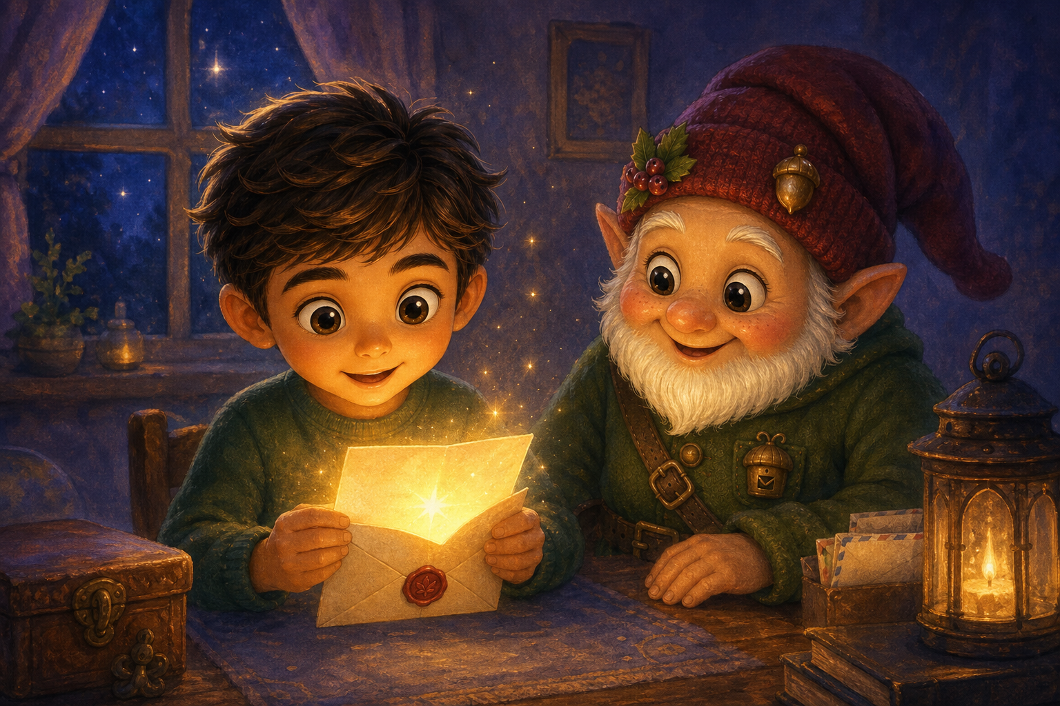 Character 1 opens the glowing letter in a softly lit room, with a tiny star-like light radiating from the envelope, creating a magical and hopeful atmosphere.