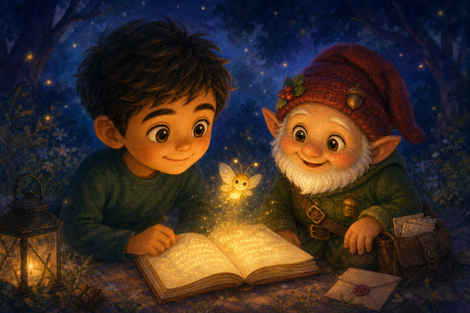 Character 1 smiles warmly under the faint glow of the firefly, who has just revealed the invisible words on the page, bringing a sense of understanding and calmness to the scene.