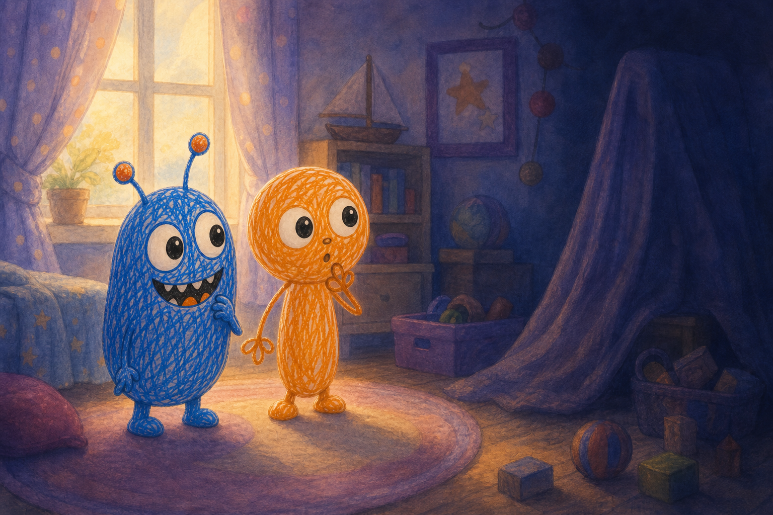 Character 1 and Character 3 are standing together in a child's room, gazing curiously at a corner shrouded in mysterious shadows, with soft daylight filtering through a nearby window.