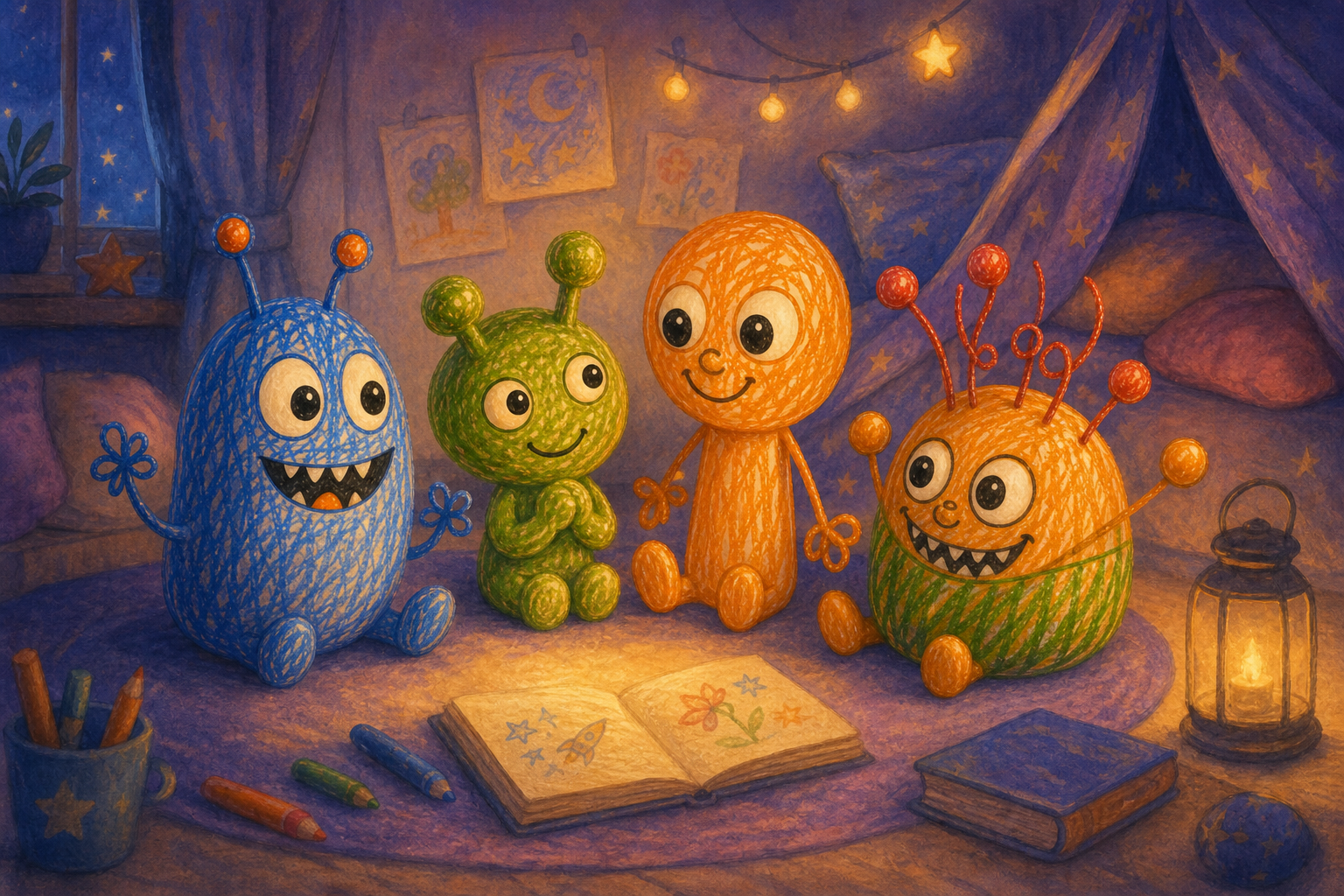 In a quiet corner of the child's room, all four doodles, Character 1, Character 2, Character 3, and Character 4, are nestled together, surrounded by warmth and soft shadows, reflecting on their shared
