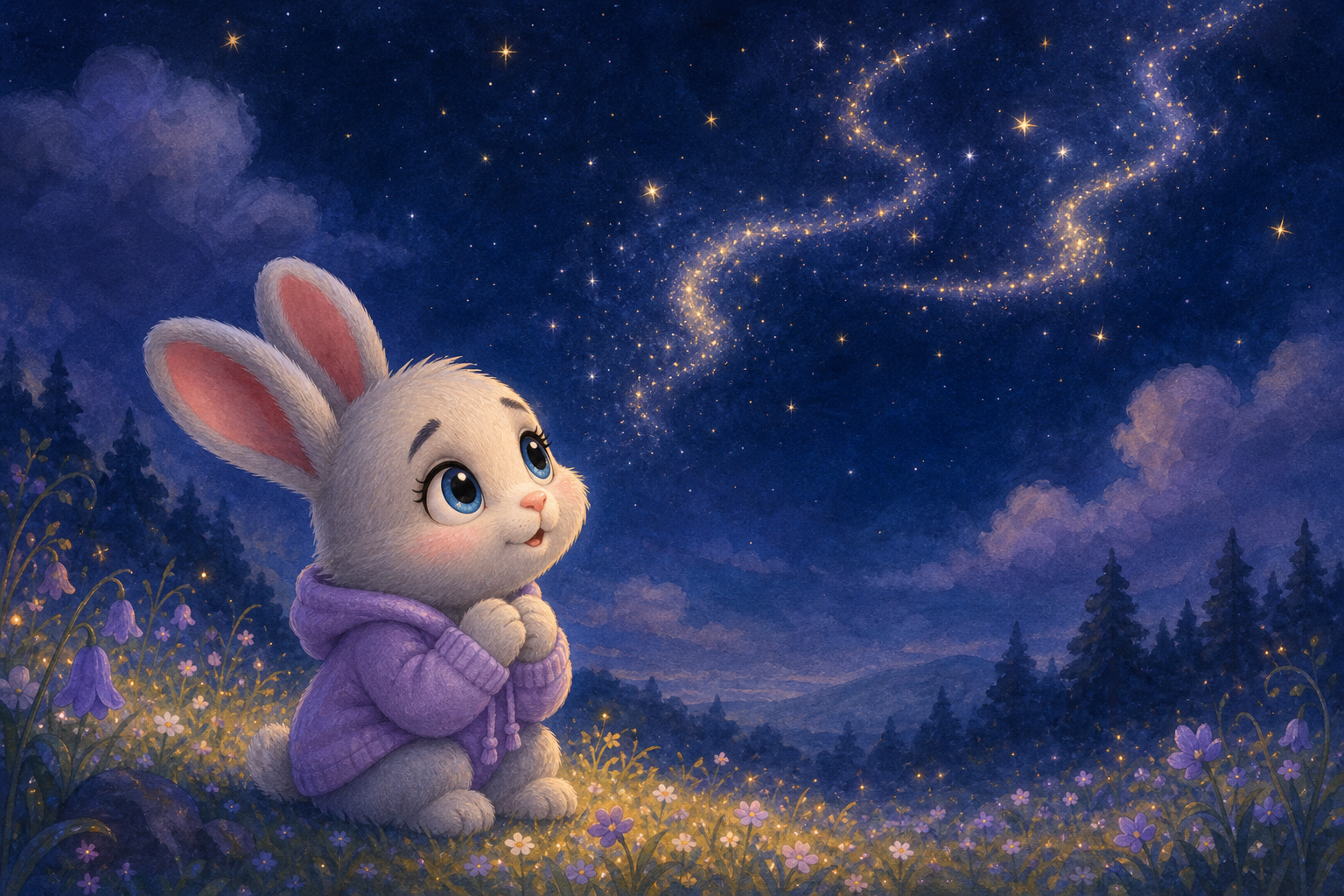 Character 2 gazes up at the night sky, noticing small sparkling trails that glimmer above. The scene is quiet and magical, with the stars twinkling gently in the dark sky.