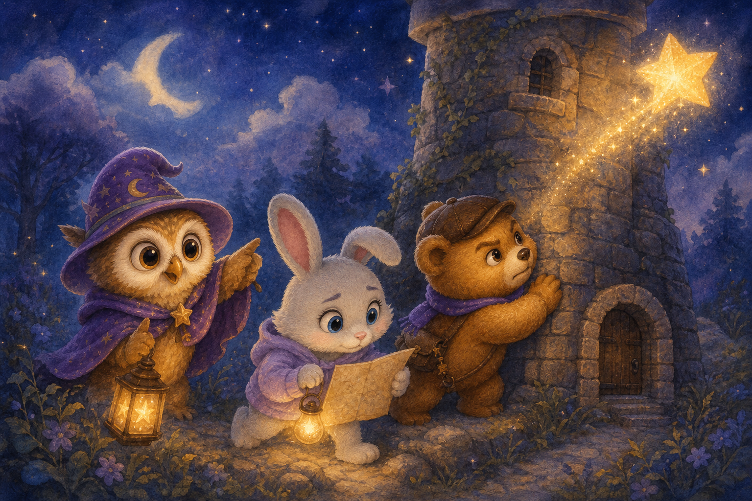 Character 1, Character 2, and Character 3 work together at the base of an old tower. Character 1 illuminates the path with wise questions, Character 2 leads cautiously, and Character 3 supports the to