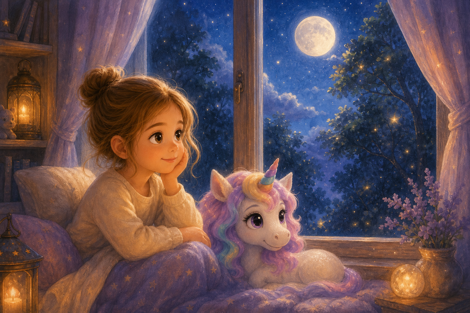 Character 1 sits by a window in a cozy room, gazing dreamily at the sky as the moonlight casts a gentle glow. Outside, trees sway as if listening to her whispered wishes.
