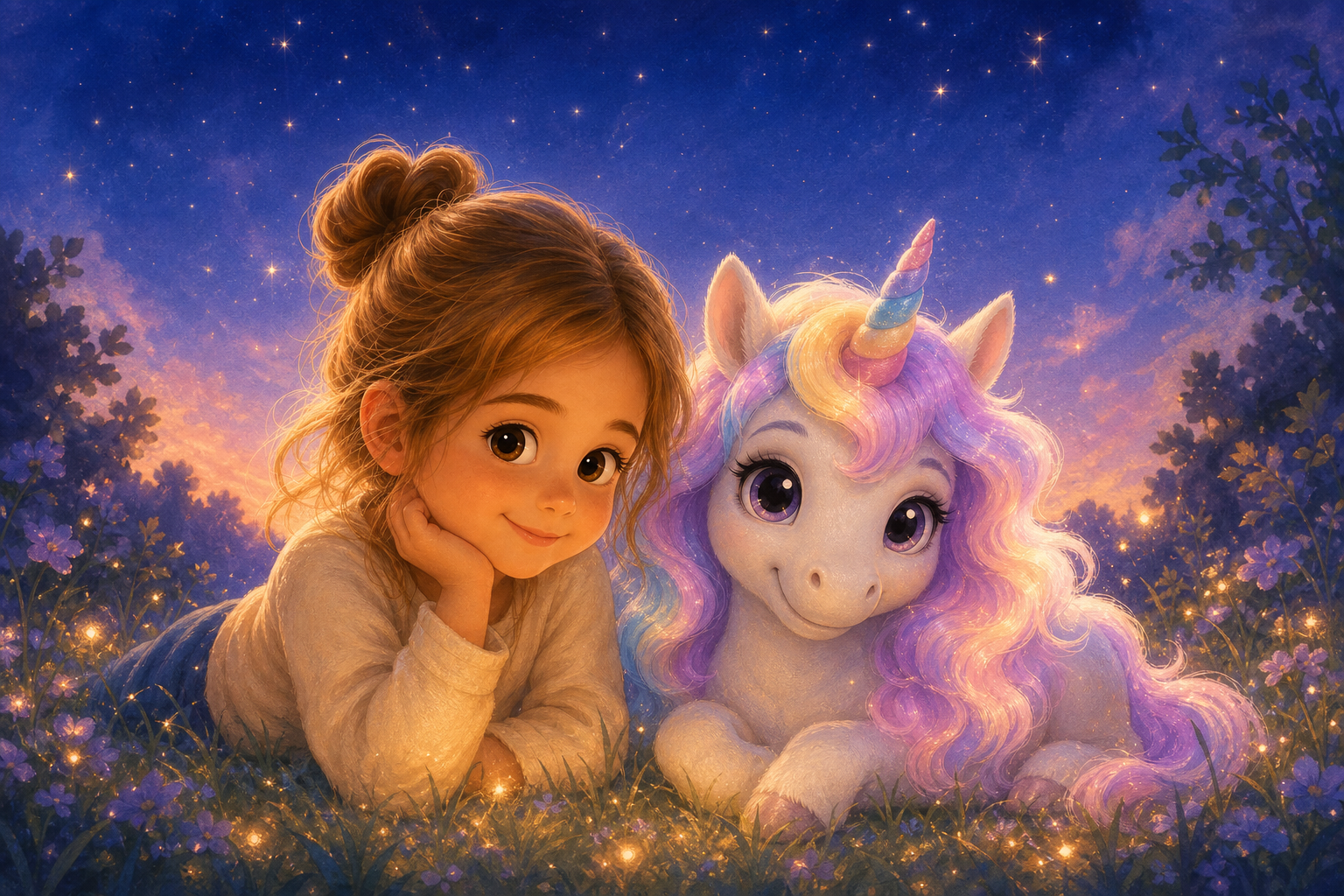 Character 1 and Character 2 lie on the grass under a twilight sky, stars beginning to twinkle. Character 1 looks content and serene, while Character 2's mane glows softly, creating a magical atmospher