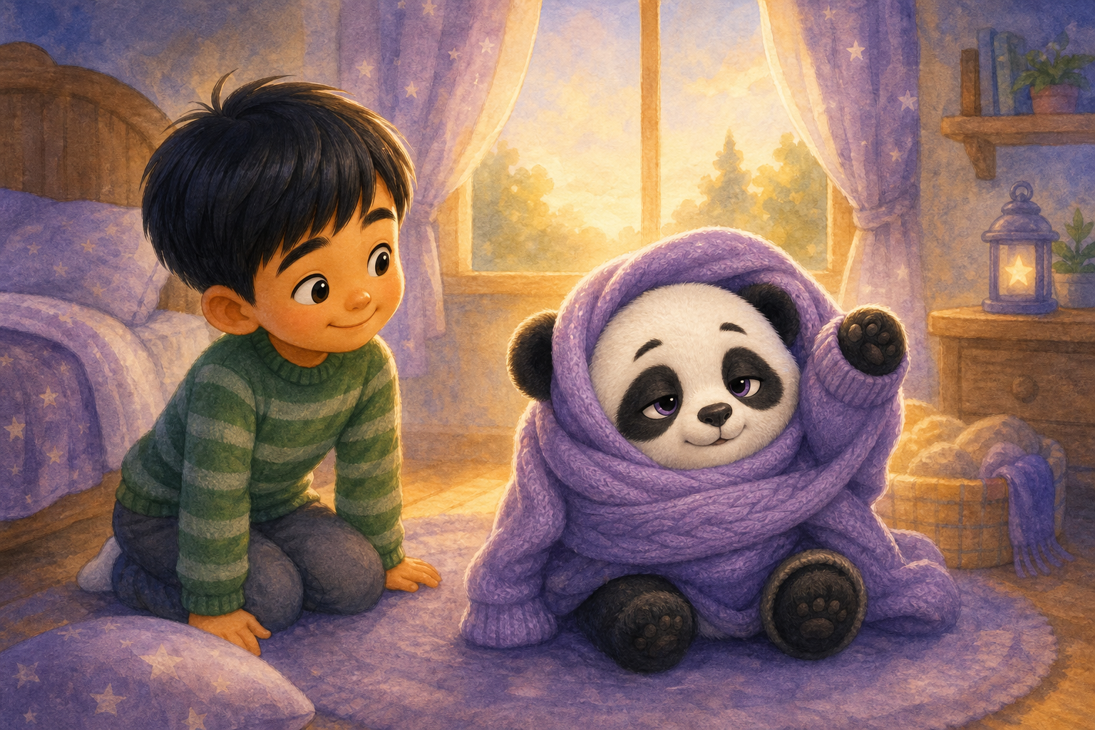 Character 1 is watching Character 2, who is adorably tangled in a sweater, with one paw sticking out of the neck hole, creating a light-hearted and amusing scene in the morning light.