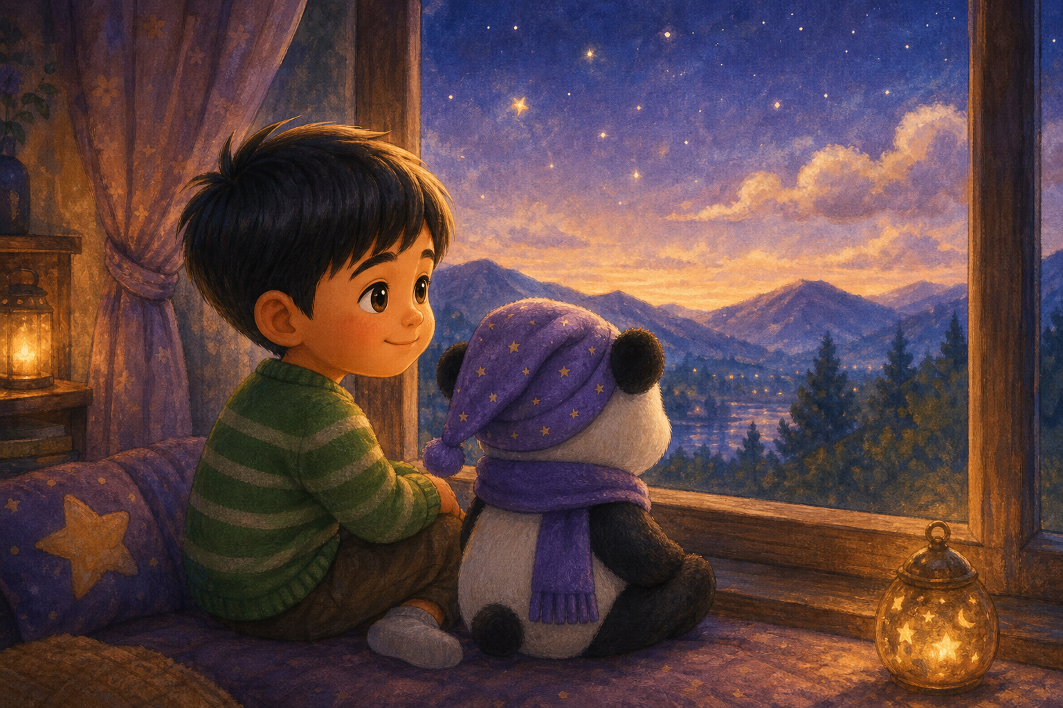 Character 1 and Character 2 are sitting quietly by the window, bathed in the gentle glow of the evening light, sharing a peaceful moment as they look out at the serene landscape.
