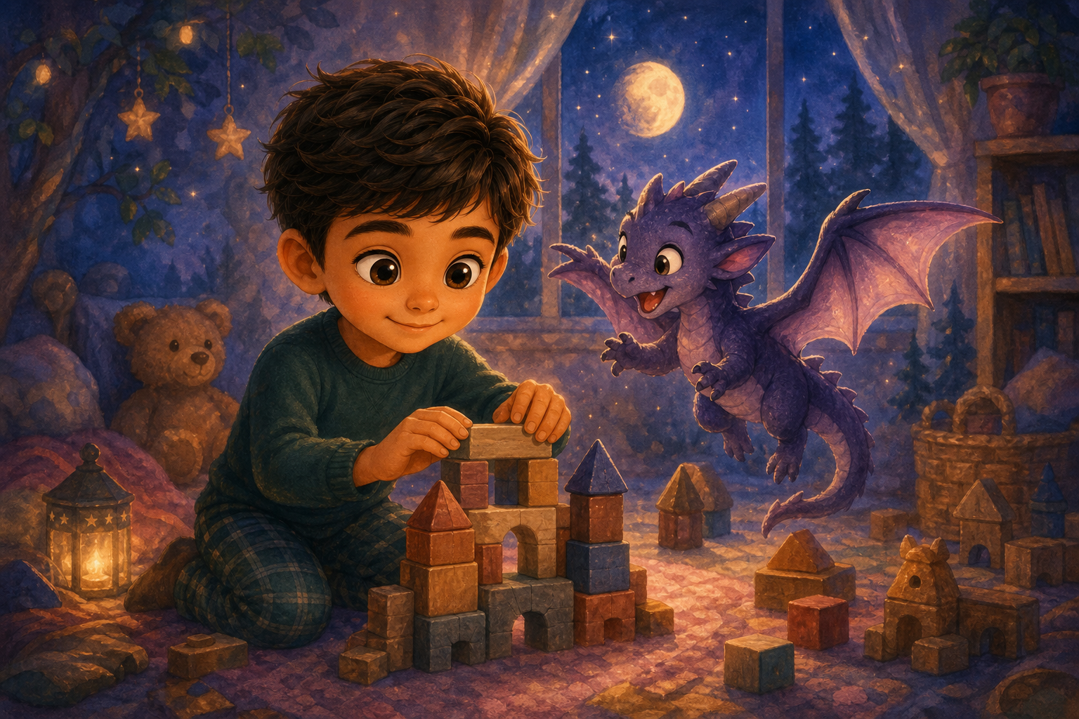 Character 1 is carefully stacking toy blocks, creating a small fortress for the plush dragon, while the dragon appears to be alive, flapping its wings in encouragement.