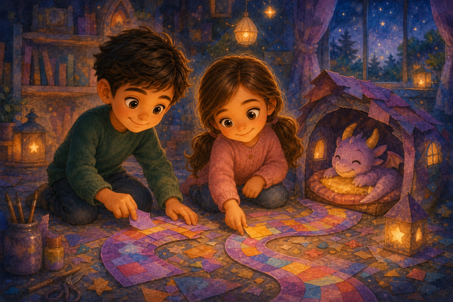 Character 1 and Character 2 are joyfully working together, their hands moving energetically as they build a vibrant, winding magical road out of colored paper, with the plush dragon happily settled in