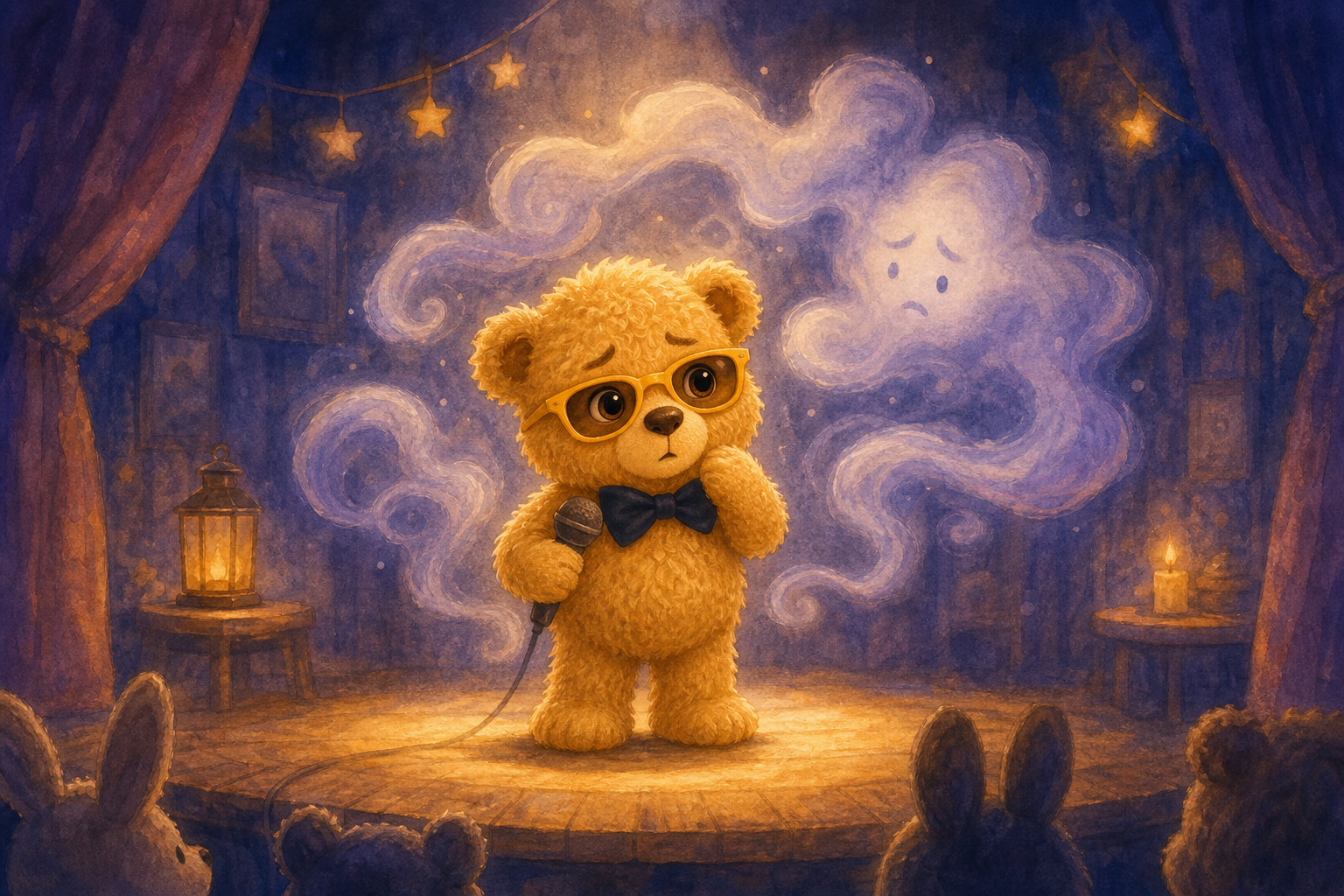 Character 1 pauses on stage, feeling a gentle wisp whispering doubts, as a small, swirling cloud hovers softly around him in the warm glow of the room.