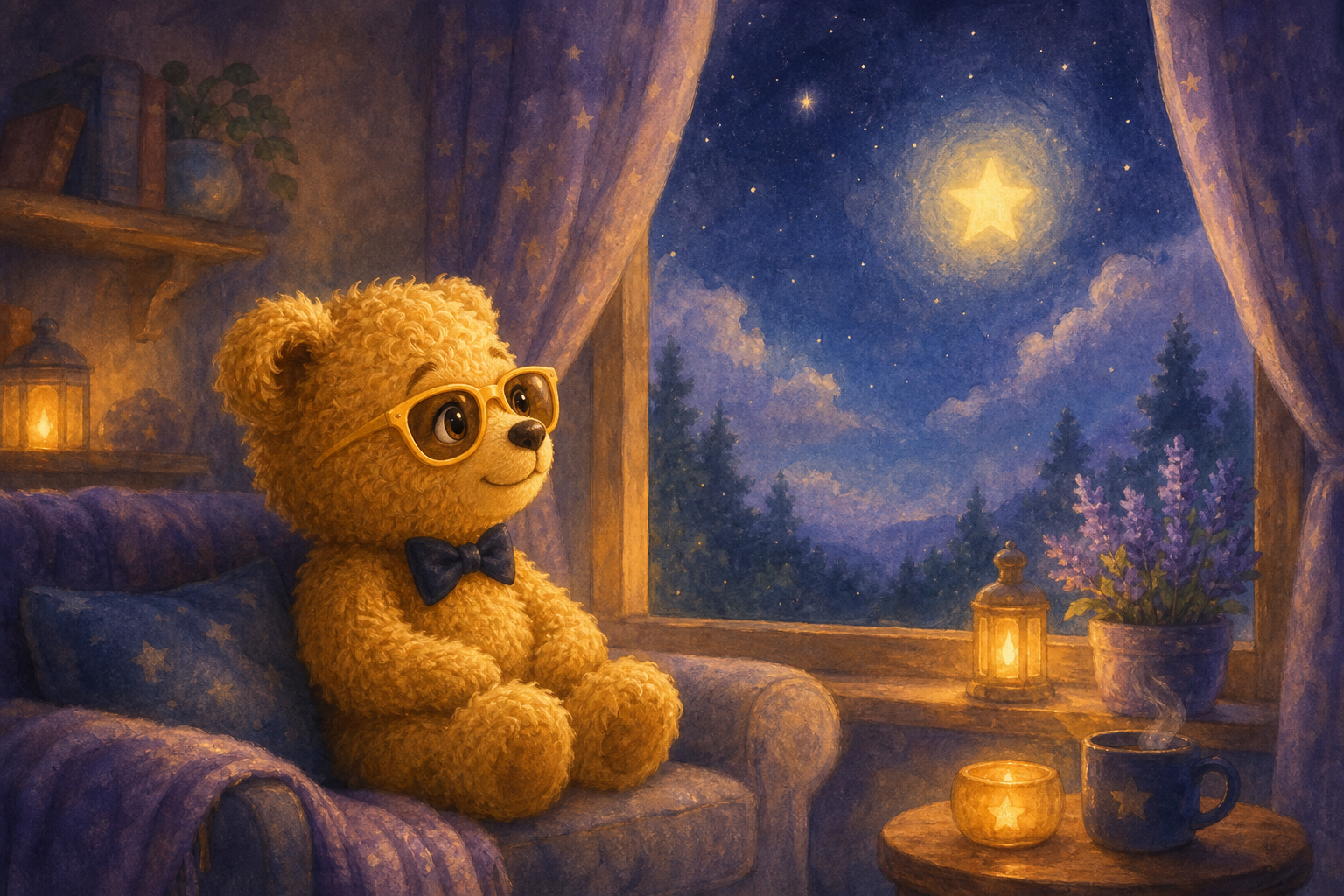 Character 1 sits contentedly on a cozy couch, gazing at a glowing star shining brightly in the window, the room filled with a serene and comforting atmosphere.