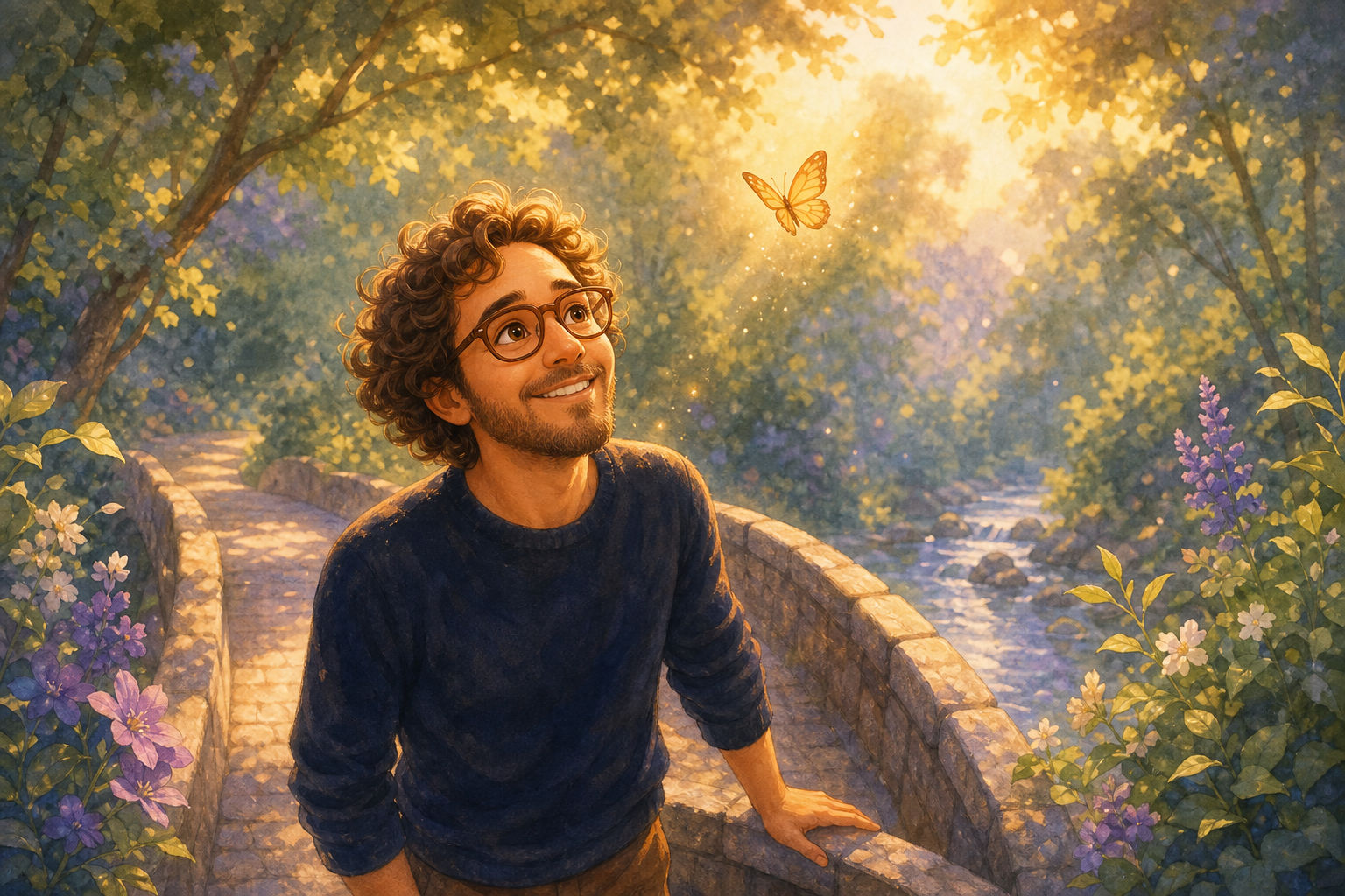Scene 1 shows Character 2 standing on a bridge, gazing up at a delicate butterfly dancing in the sunlight. The background is filled with lush greenery, and the warm morning light creates a magical atm