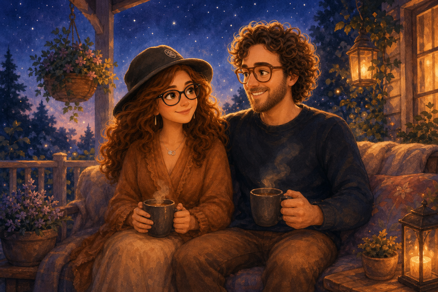 Scene 2 captures Character 1 and Character 2 sitting together on a porch, surrounded by nature. They share a moment of joy, with steaming cups of coffee in hand, and soft evening light enveloping them
