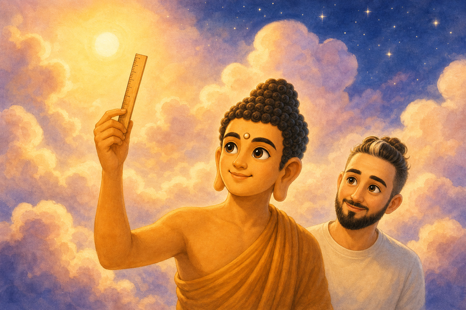 In Scene 1, Character 1 stands with a gentle smile, holding a ruler up towards the sky, surrounded by soft, fluffy clouds. The scene is illuminated by a warm sun, creating a calm and peaceful moment o
