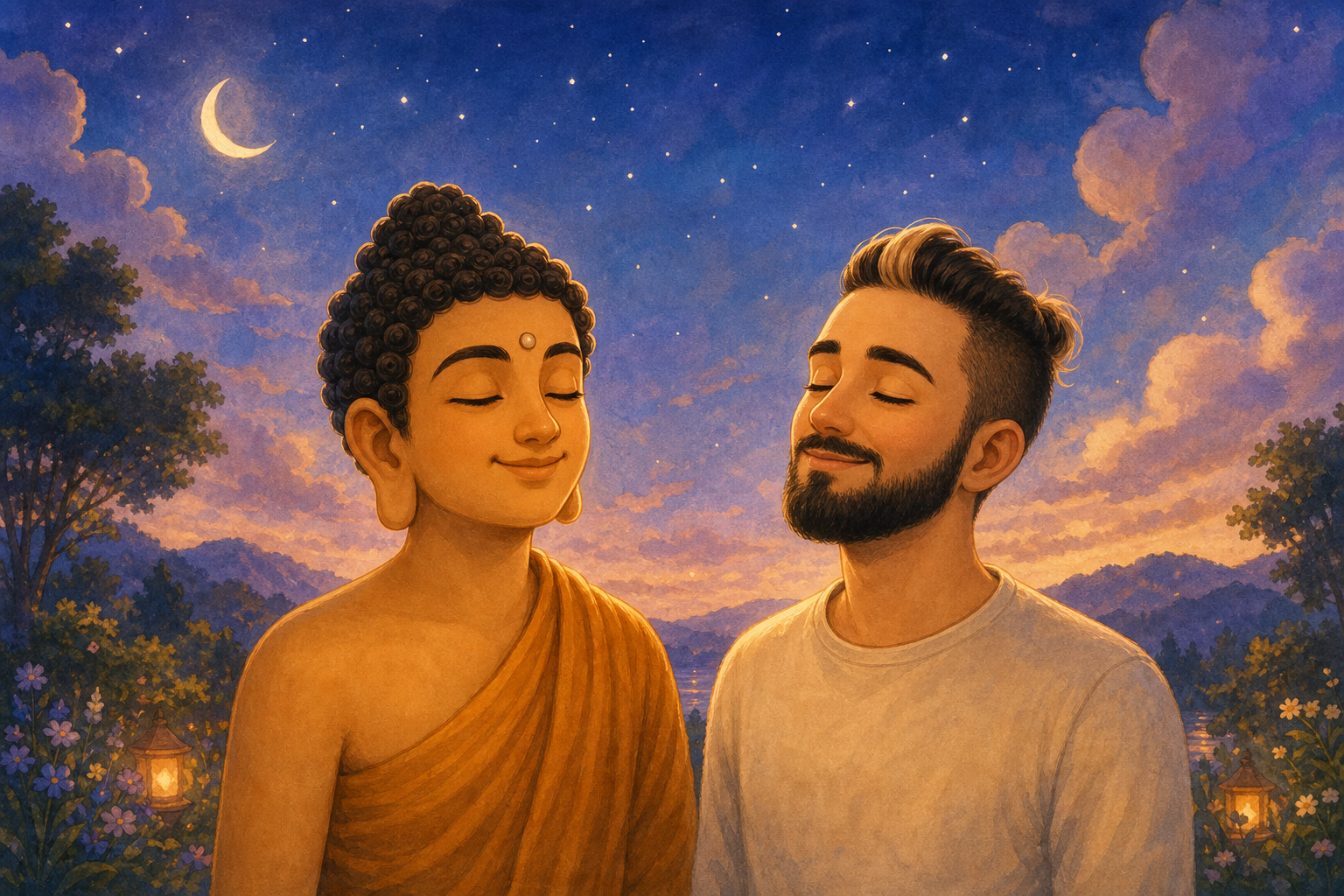 Scene 2 captures Character 1 and Character 2 standing side by side, with their eyes closed, feeling the gentle breeze on their faces. The sky above them is a deepening blue, hinting at twilight, as th