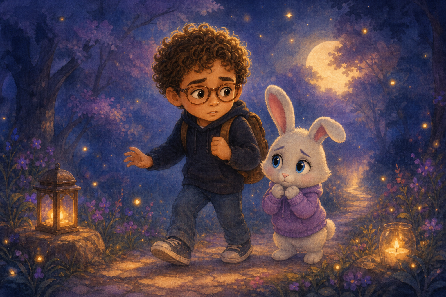 Character 2 takes his first step towards something new, looking a bit unsure but comforted by Character 3, who stands beside him with trembling paws, showing quiet courage.