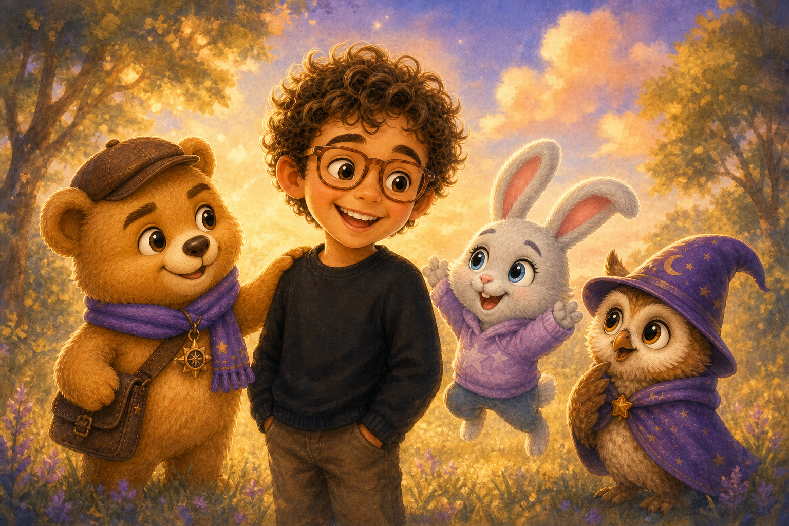 Character 2 stands with a wide grin, surrounded by Character 1, Character 3, and Character 4. Character 1 pats him on the back, Character 3 hops in joy, and Character 4 nods wisely as they bask in the