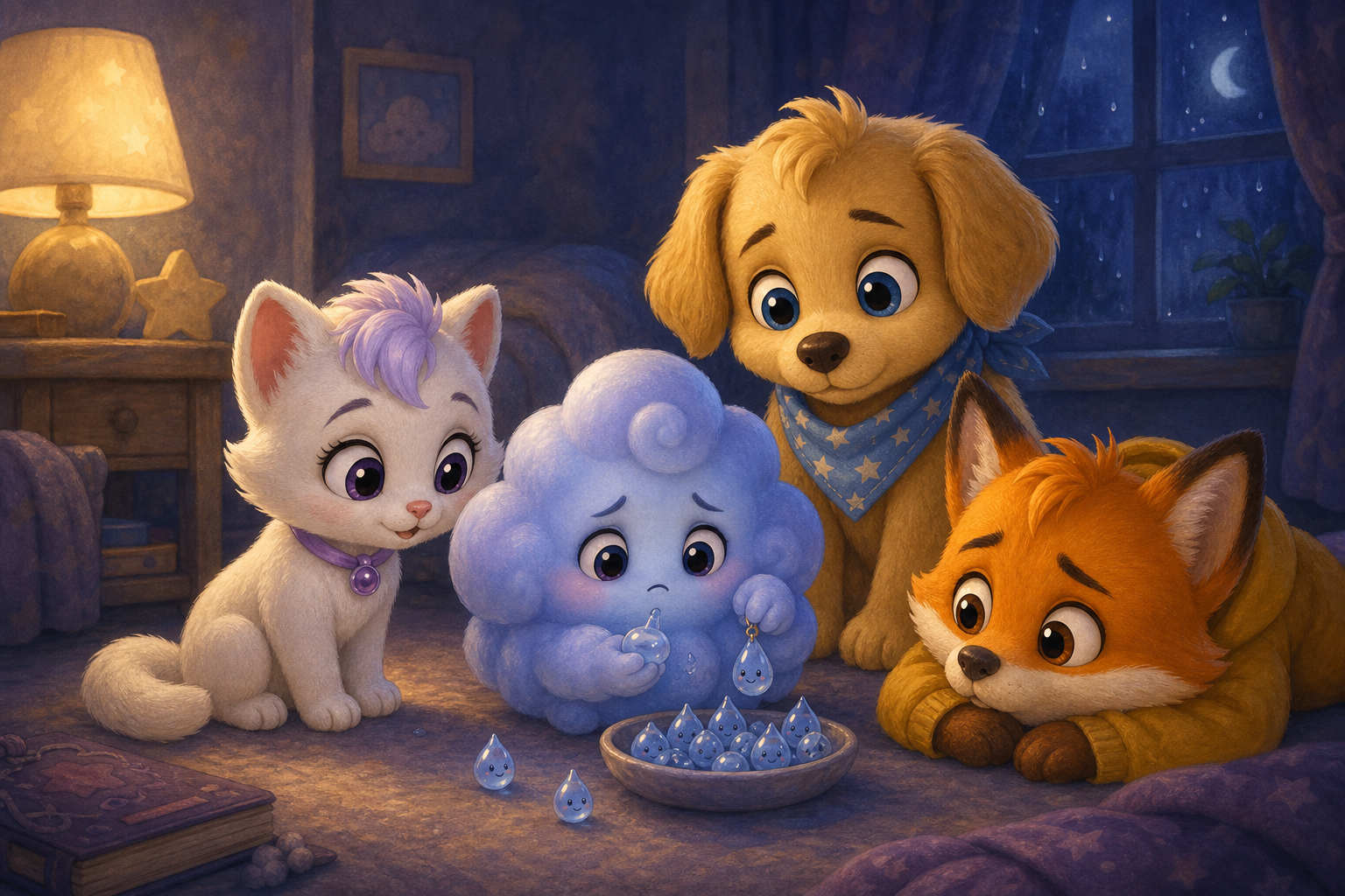 Character 1 is slightly darker and gathering tiny raindrops, reflecting the anxious feelings of Character 4. The scene is set in a quiet room with soft, muted lighting from a nearby lamp.