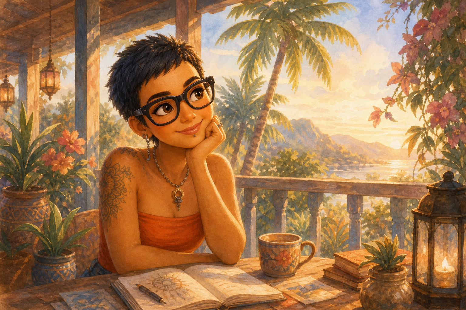 Character 1 is on a sun-drenched veranda, lost in thought about uniting dreams with Character 2. The tropical morning light softly illuminates her contemplative expression.