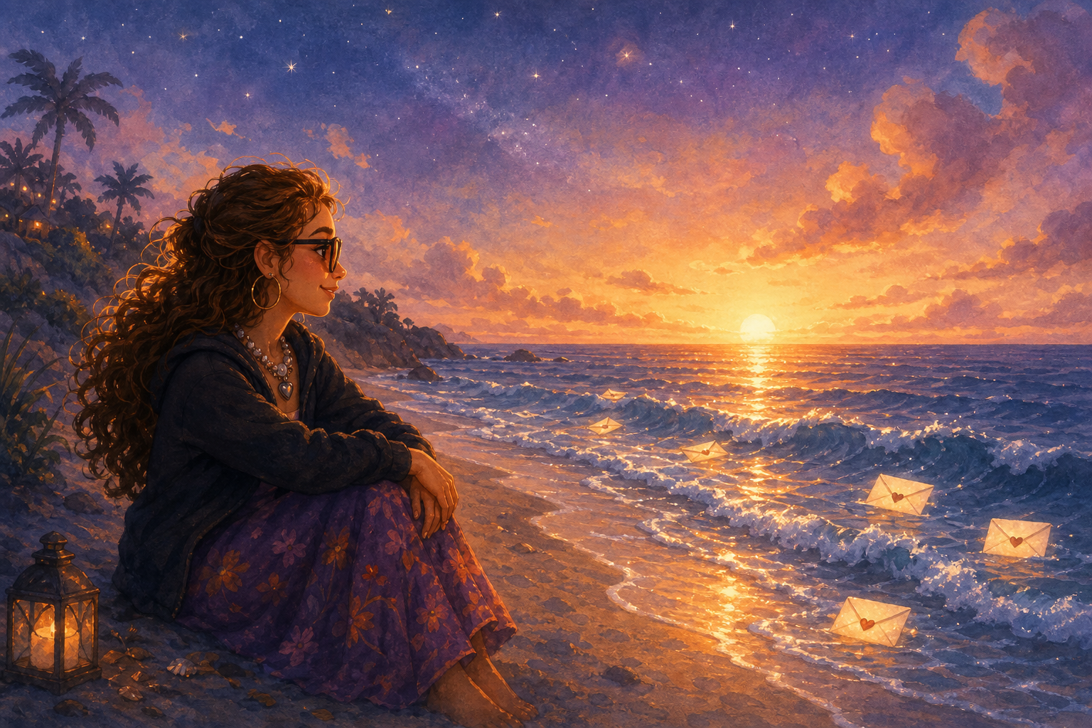 Character 2 is sitting on the beach, watching the waves gently roll in under a setting sun. The scene is peaceful, with the waves carrying silent messages from Character 1.